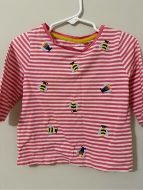 Mini Boden Pink & White Striped Long-Sleeve Top with Bee Embroidery
